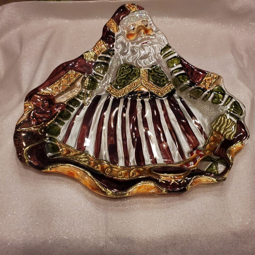 Vintage Multicolored Glass Santa Serving Platter